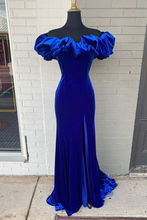 Ruffle Off the Shoulder Royal Blue Long Formal Dress with Slit,Charming Evening Dress  Y1569