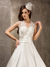 A-Line Wedding Dresses Queen Anne  Lace Satin Sleeveless See-Through with Sash  Ribbon Beading Appliques