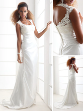 Wedding Dresses Scoop Neck  Charmeuse Beaded Lace Cap Sleeve Simple Backless with Appliques