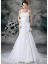 Wedding Dresses Sweetheart Neckline Chapel Train Lace Organza Satin Spaghetti Strap with Sashes  Ribbons Bow(s) Beading