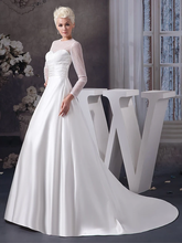 A-Line Wedding Dresses Jewel Neck Court Train Satin Tulle  Length Sleeve Illusion Sleeve with Ruched