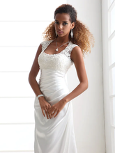 Wedding Dresses Scoop Neck  Charmeuse Beaded Lace Cap Sleeve Simple Backless with Appliques