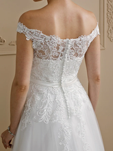 Ball Gown Wedding Dresses Off Shoulder Court Train Lace Tulle Cap Sleeve Country Glamorous See-Through Plus Size Backless with Sashes  Ribbons Bow(s) Buttons