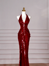 Sexy Burgundy Sequins Halter V Neck Evening Dress Backless Mermaid Evening Dress Y8628