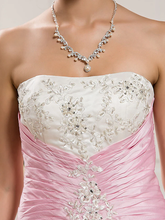 Ball Gown Wedding Dresses Strapless Chapel Train Organza Taffeta Strapless Wedding Dress in Color with Ruched Beading Appliques