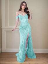 Red Off-the-Shoulder Beaded Tulle Long Prom Dress with Swirling Sequins