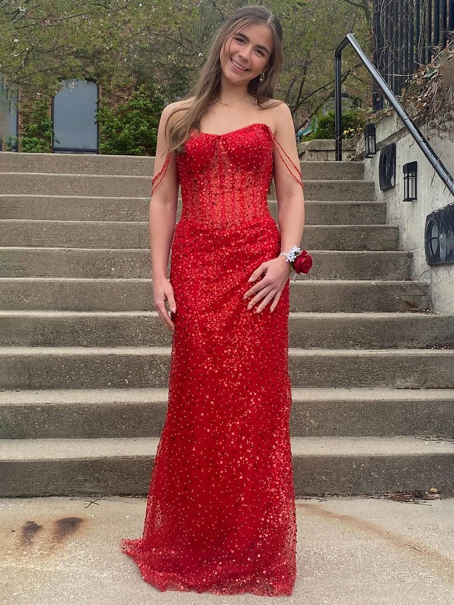 Beaded Straps Sequin Mermaid Long Prom Dress
