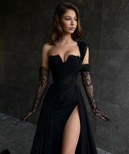 Beautiful Black Long A line One Shoulder Sleeveless Lace Prom Dress With Sit