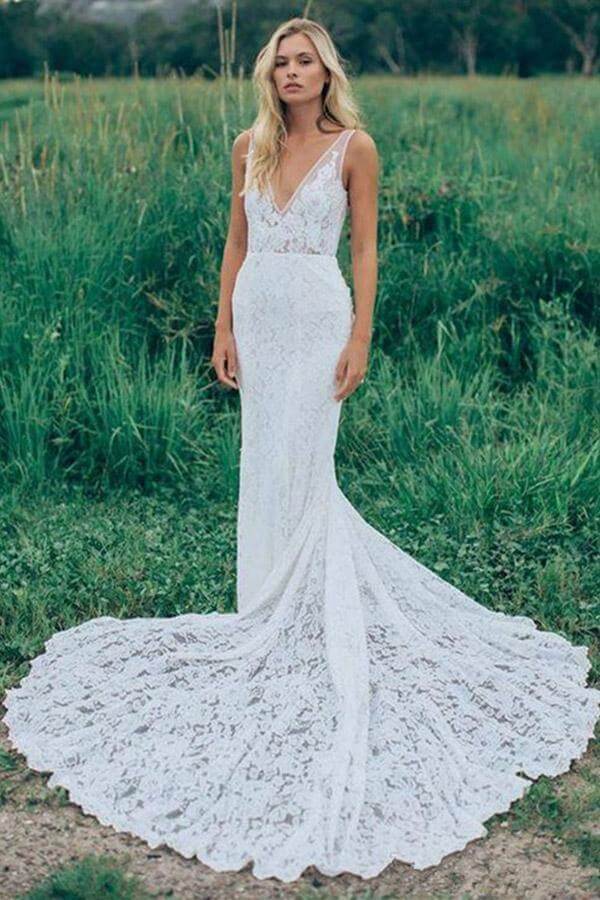 lace sheath dress Beautiful Lace Sheath V Neck Wedding Dress, Bridal Dress With Train, MW528 – Anna PromDress