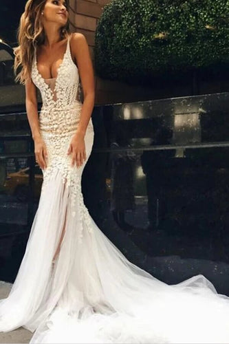 Beautiful Tulle Lace Ivory Mermaid Deep V-neck Long Wedding Dresses, MW520