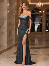 Dark Red Crystal Off-the-Shoulder Corset Prom Dress with Slit