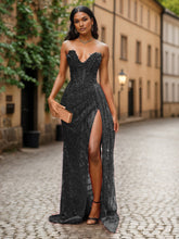 Red Strapless Beaded Fringe Waist Sequin Prom Dress with High Slit