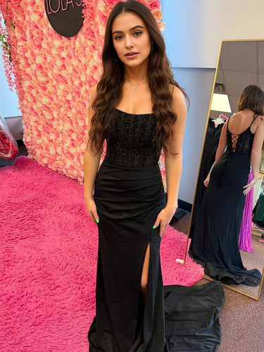 Black Beaded Sheer Corset Bodice Satin Prom Dress with Slit