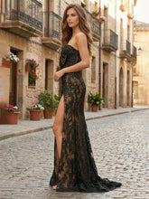 Black Lace Strapless Satin Bow Prom Dress with Slit