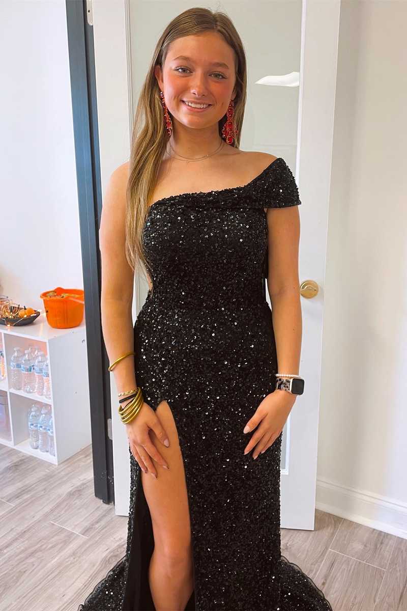 Black One Shoulder Cap Sleeve Sequined Long Party Dress SYP93