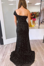 Black One Shoulder Cap Sleeve Sequined Long Party Dress SYP93