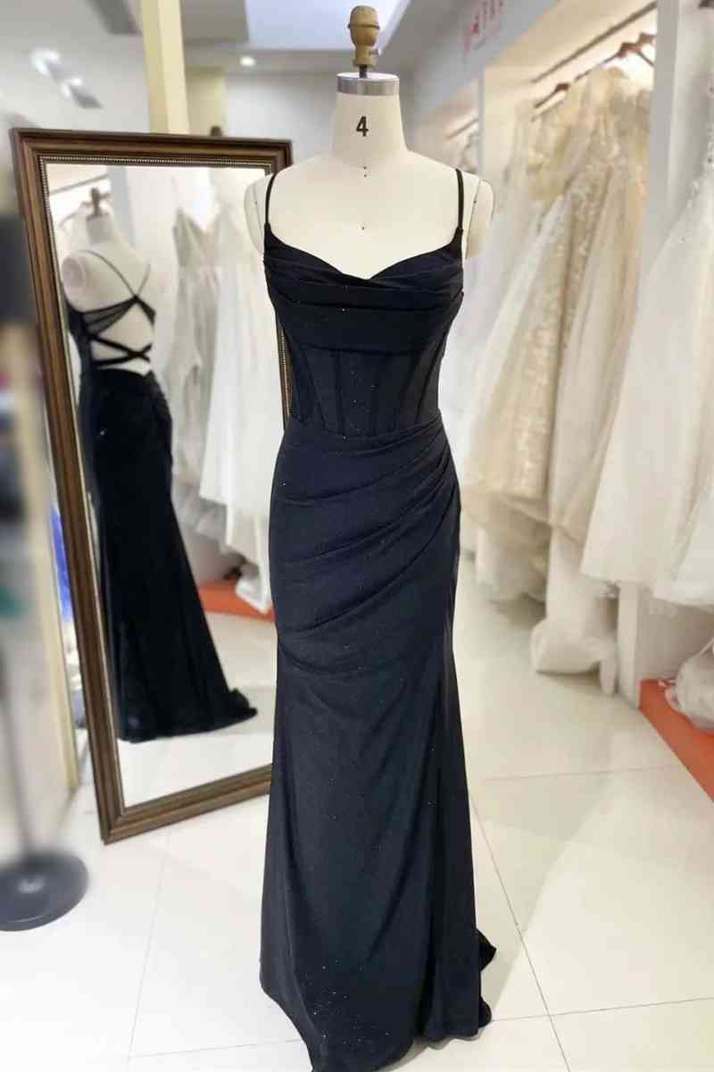 Black Pleated Prom Dress With Spaghetti Straps SYP119