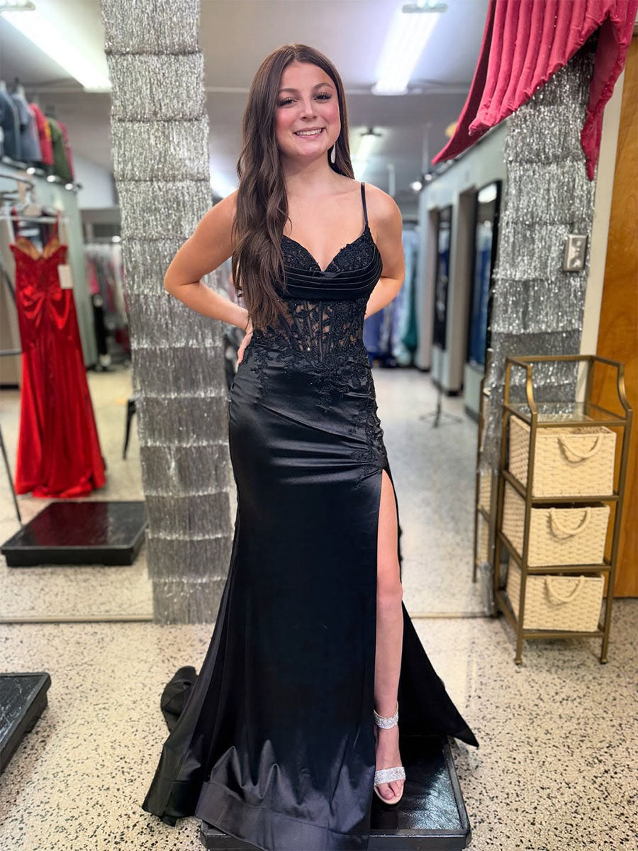 Black Plunging Sweetheart Corset Prom Dress with High Slit