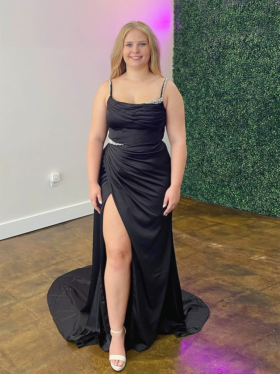 Black Satin Crystal Straps Ruched Prom Dress with Slit