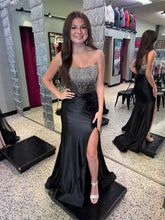 Black Satin Strapless Crystal Beaded Corset Prom Dress with High Slit