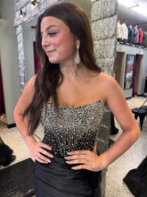 Black Satin Strapless Crystal Beaded Corset Prom Dress with High Slit