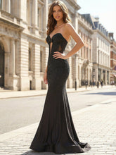Black Sequin Strapless Long Corset Prom Dress with Plunge