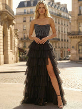 Black Strapless A Line Ruffled Tiers Corset Prom Dress with Slit