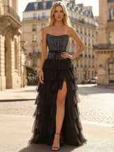 Black Strapless A Line Ruffled Tiers Corset Prom Dress with Slit