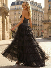 Black Strapless A Line Ruffled Tiers Corset Prom Dress with Slit