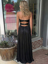 Black Strapless Pleated Cutout Long Prom Dress with Slit