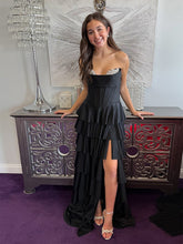 Black Strapless Tiered Ruffles Corset Prom Dress with Slit