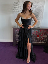 Black Strapless Tiered Ruffles Corset Prom Dress with Slit