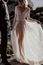 Bling Lace A-line Deep V-neck See Through Long Sleeves Wedding Dresses, MW572