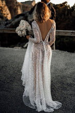 Bling Lace A-line Deep V-neck See Through Long Sleeves Wedding Dresses, MW572