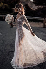 Bling Lace A-line Deep V-neck See Through Long Sleeves Wedding Dresses, MW572