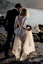 Bling Lace A-line Deep V-neck See Through Long Sleeves Wedding Dresses, MW572