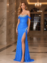 Dark Red Crystal Off-the-Shoulder Corset Prom Dress with Slit