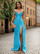 Red Strapless Beaded Fringe Waist Sequin Prom Dress with High Slit