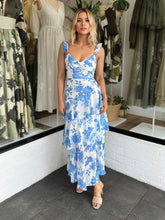 Blue A-Line Ruffles Print Prom Dress with Slit