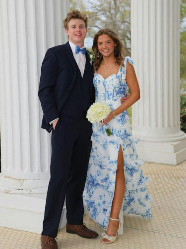 Blue A-Line Strapless Print Tiered Long Prom Dress