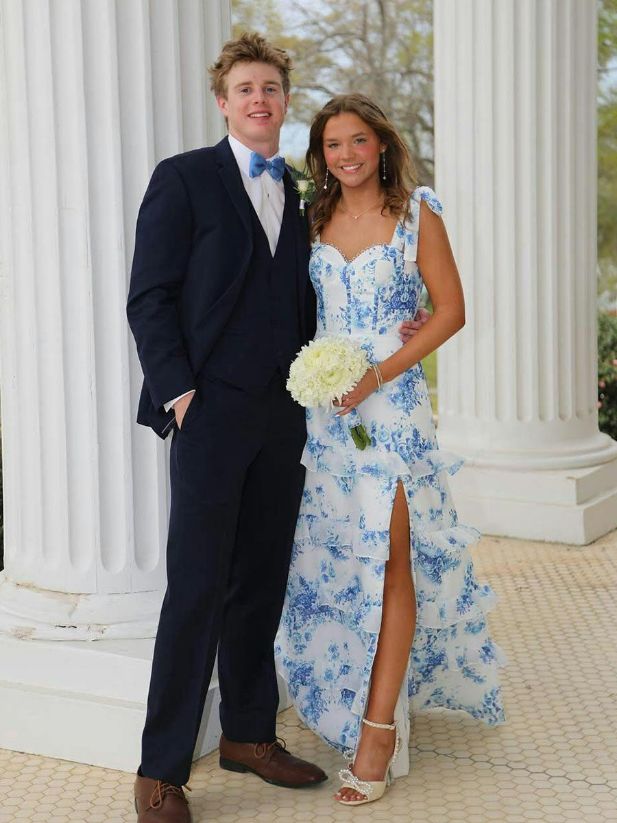 Blue A-Line Strapless Print Tiered Long Prom Dress