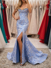Blue Damask Crystal Corset Mermaid Prom Dress with Slit