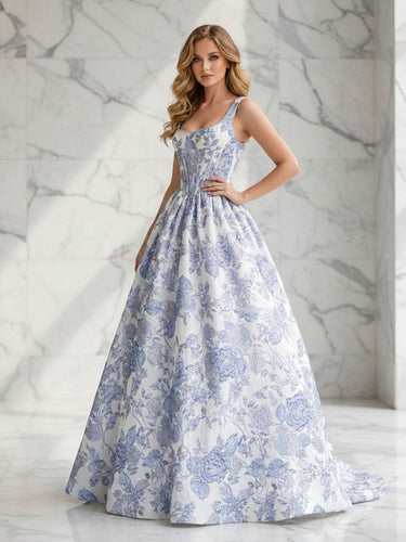 Blue Floral A Line Square Neck Brocade Corset Long Prom Dress