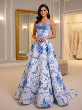 Blue Floral Brocade Contrast Corset Textured Neckline Prom Dress