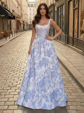Blue Floral Brocade Pearl Long Corset Prom Dress