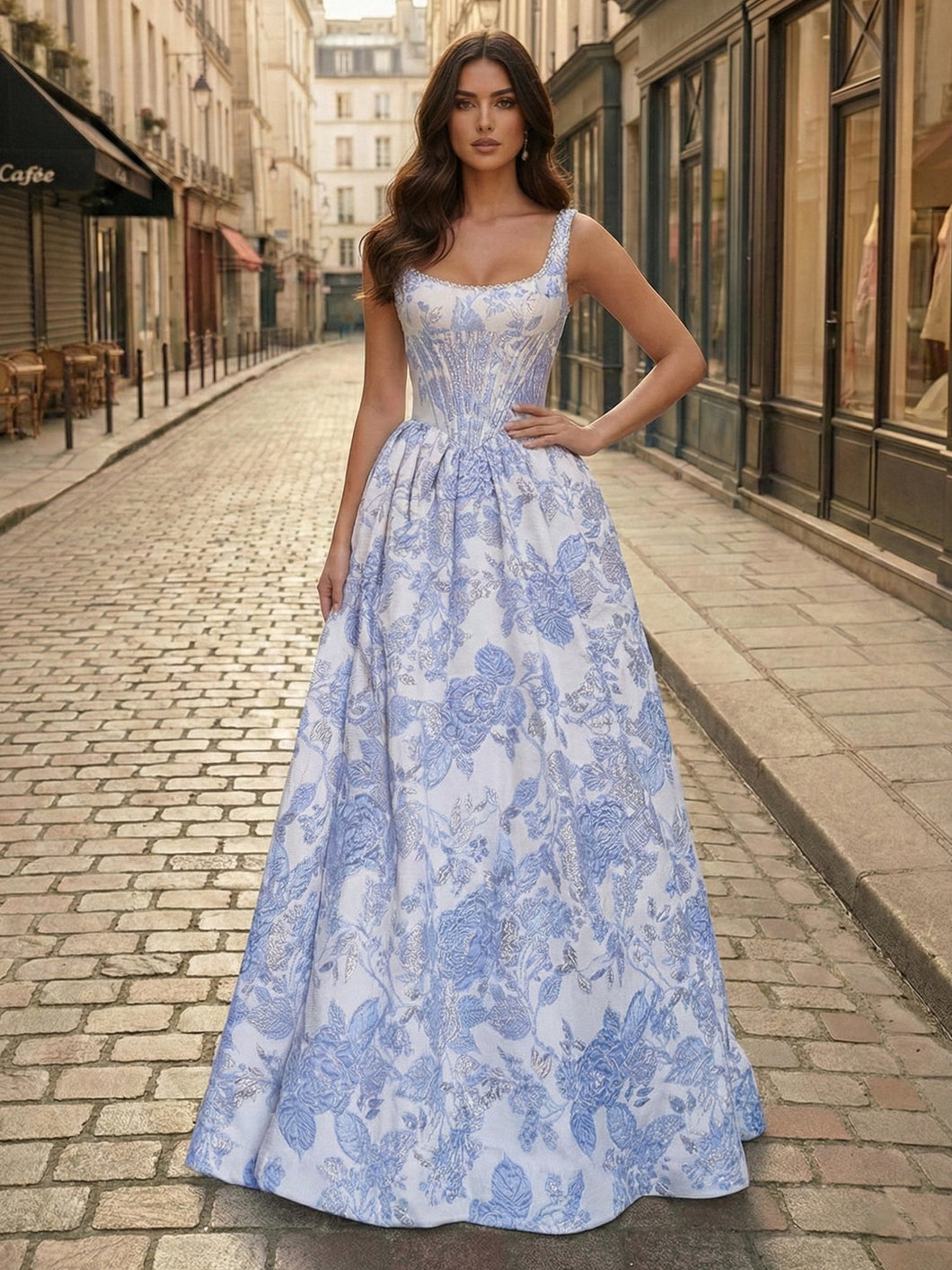 Blue Floral Brocade Pearl Long Corset Prom Dress