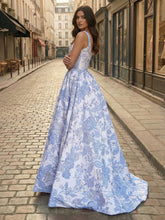 Blue Floral Brocade Pearl Long Corset Prom Dress