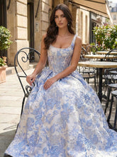 Blue Floral Brocade Pearl Long Corset Prom Dress