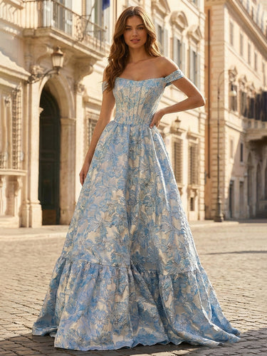 Blue Floral Jacquard Off-the-Shoulder Corset Prom Dress