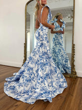Blue Floral Mermaid V Neck Prom Dress with Tie-Shoulder Bow Straps